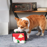 Dog playing with HugSmart Bento Box Squeaky Puzzle Plush Toy, hide and seek activity.